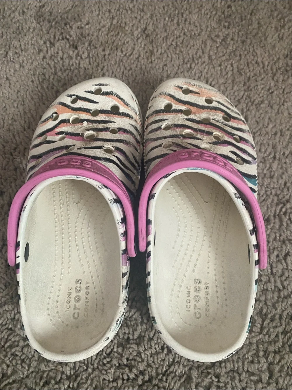 Classic CROCS Kids White Clog with Pink Strap and Multicolor Zebra Stripes